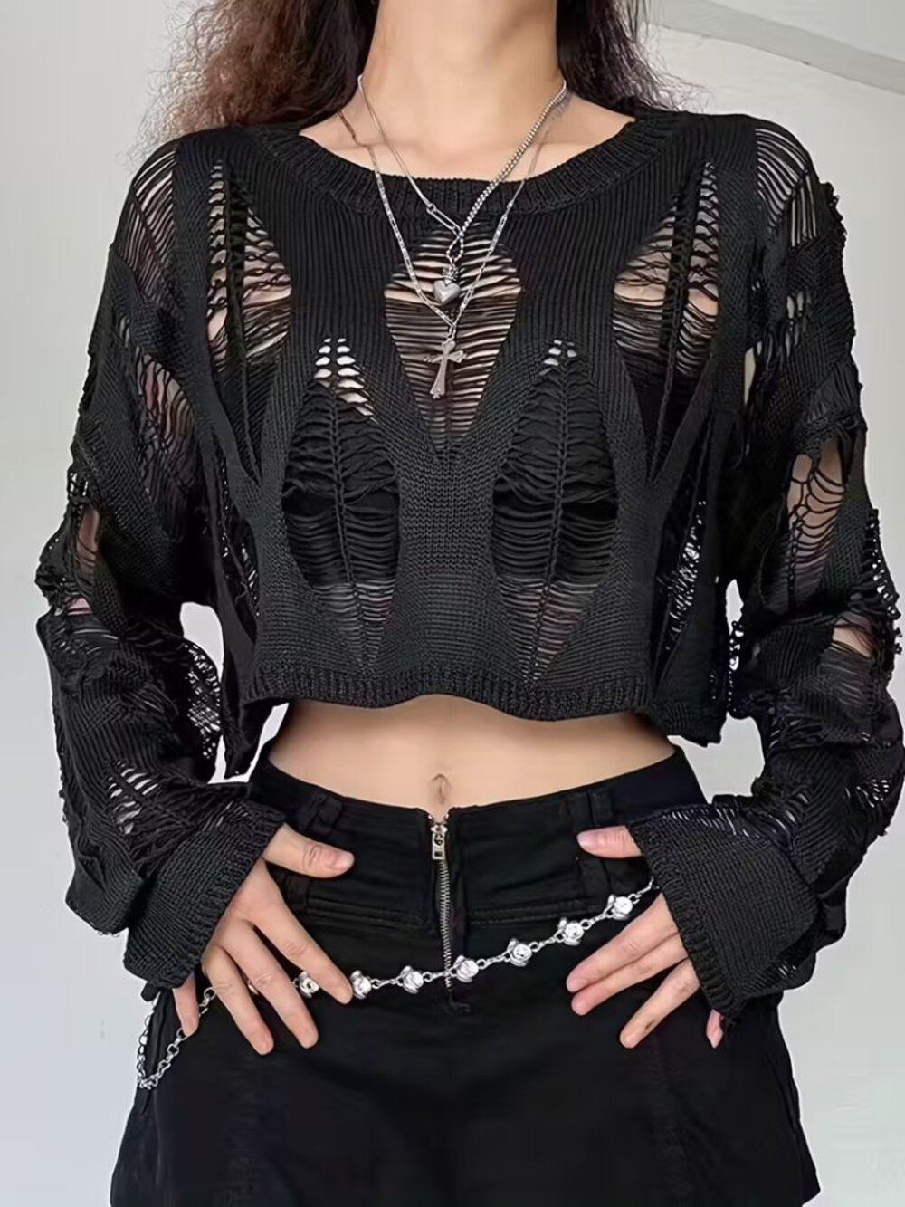 Grunge Cutout Cropped Long Sleeve Top - Picture 4 of 6